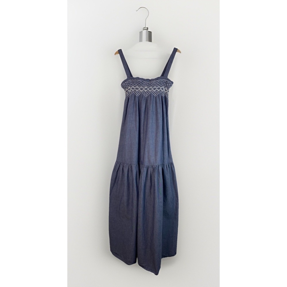 Current Elliott Women's 0 Blue Embroidered Smocked Sleeveless Maxi Dress
